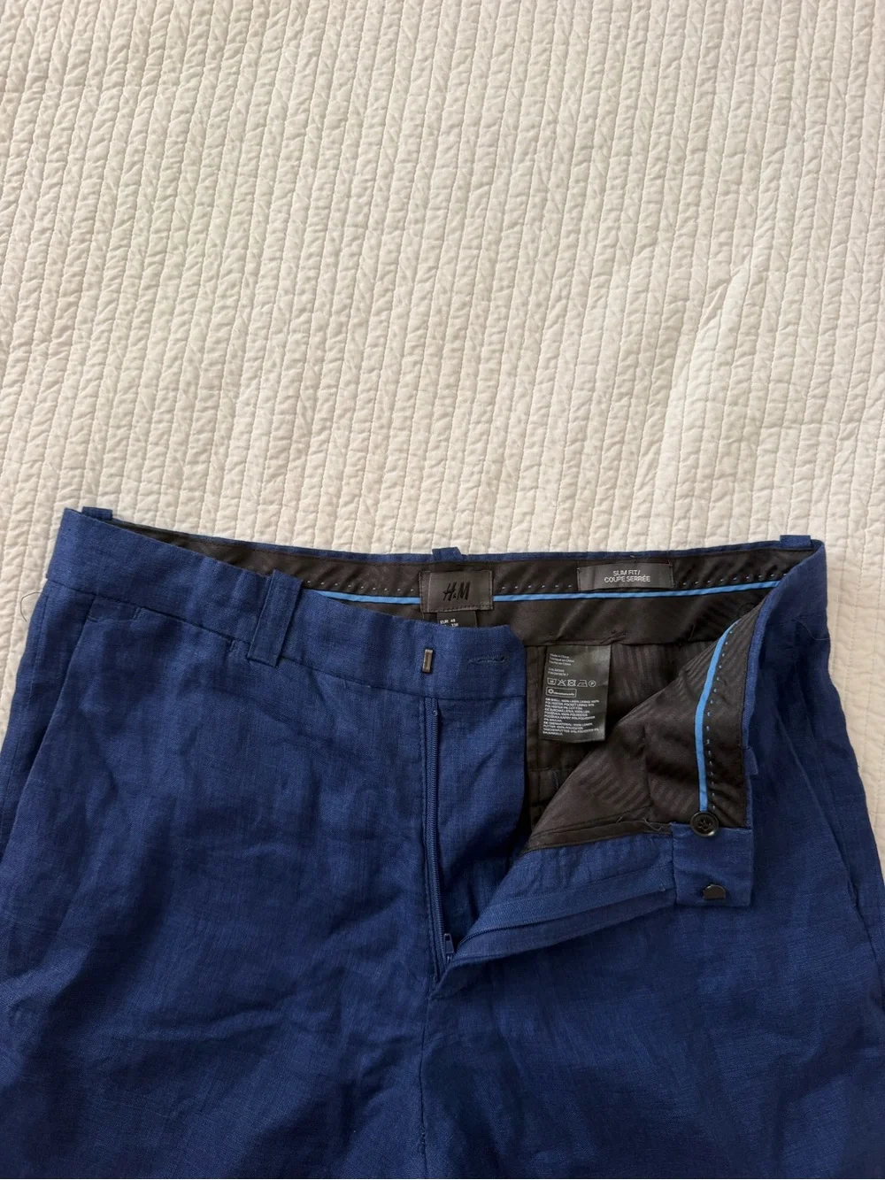 H&M linen pants, blue, never worn, slim fit, size 33R